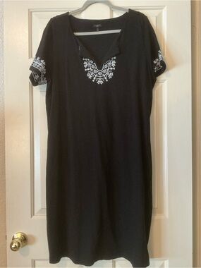 Talbots Black Embroidered Split-Neck Tee Dress with pockets